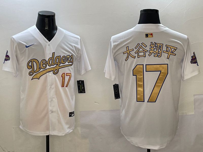 Men Los Angeles Dodgers #17 Ohtani White Champion gold character 2025 Nike MLB Jersey style 6->los angeles dodgers->MLB Jersey